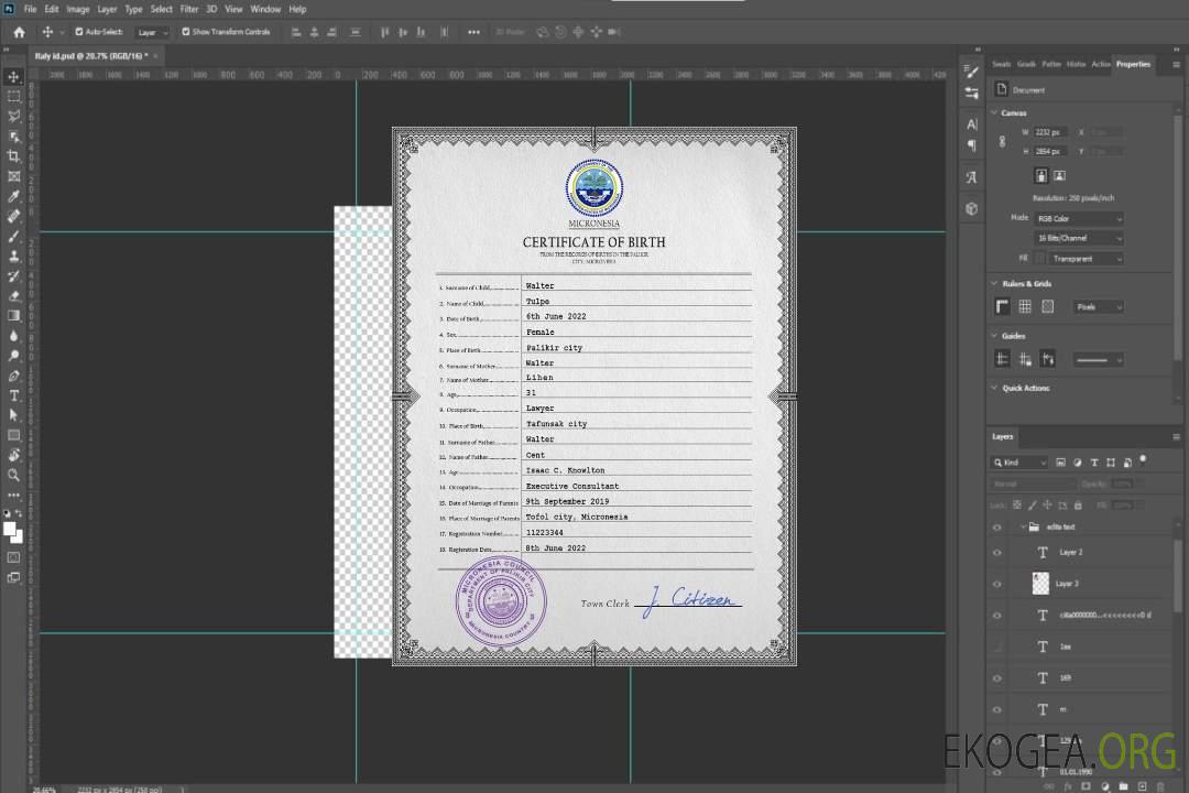 Modèle PSD de certificat de naissance en Micronésie template Modèle PSD de certificat de naissance en Micronésie template